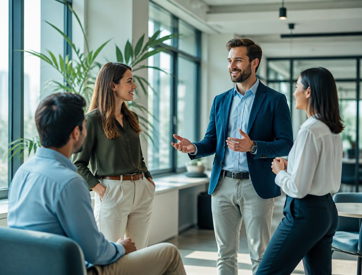 Benefits and HR leaders in conversation in a bright modern office